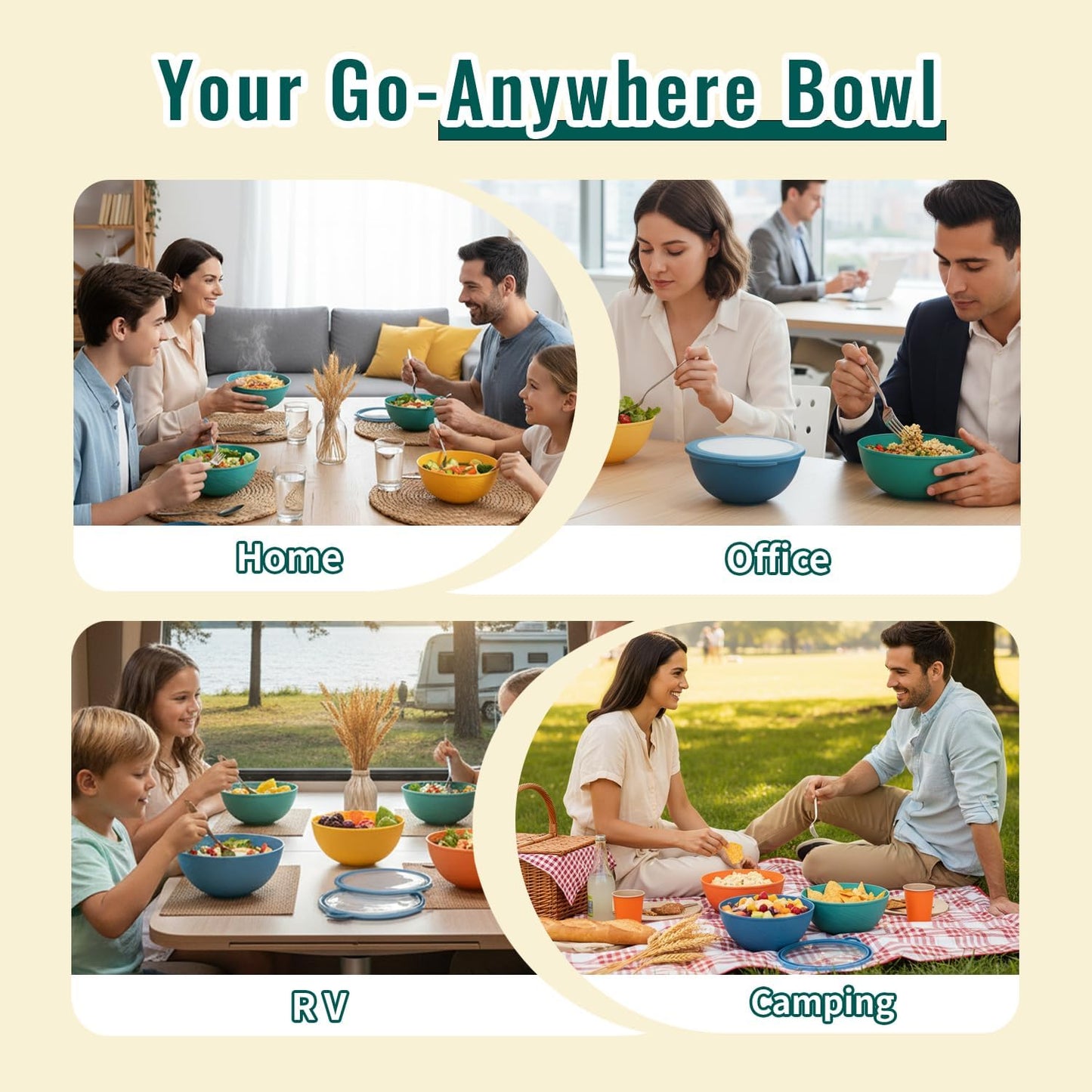 Wheat Straw Bowls 40 OZ, Unbreakable Salad Container for Lunch, Plastic Bowls with Lids, Microwavable Meal Prep Bowls for Cereal, Ramen, Soup, Leftovers - 4 Large Bowls and 4 Lids, Multi