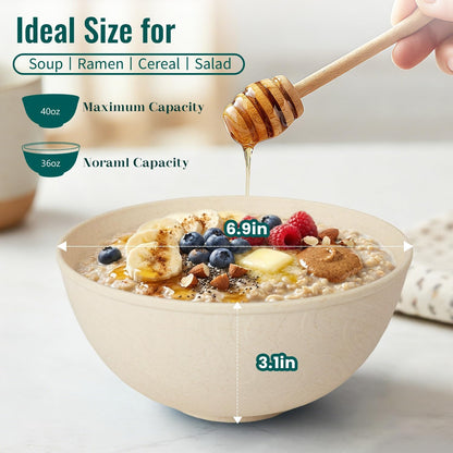 Wheat Straw Bowls 40 OZ, Unbreakable Salad Container for Lunch, Plastic Bowls with Lids, Microwavable Meal Prep Bowls for Cereal, Ramen, Soup, Leftovers - 4 Large Bowls and 4 Lids, Multi