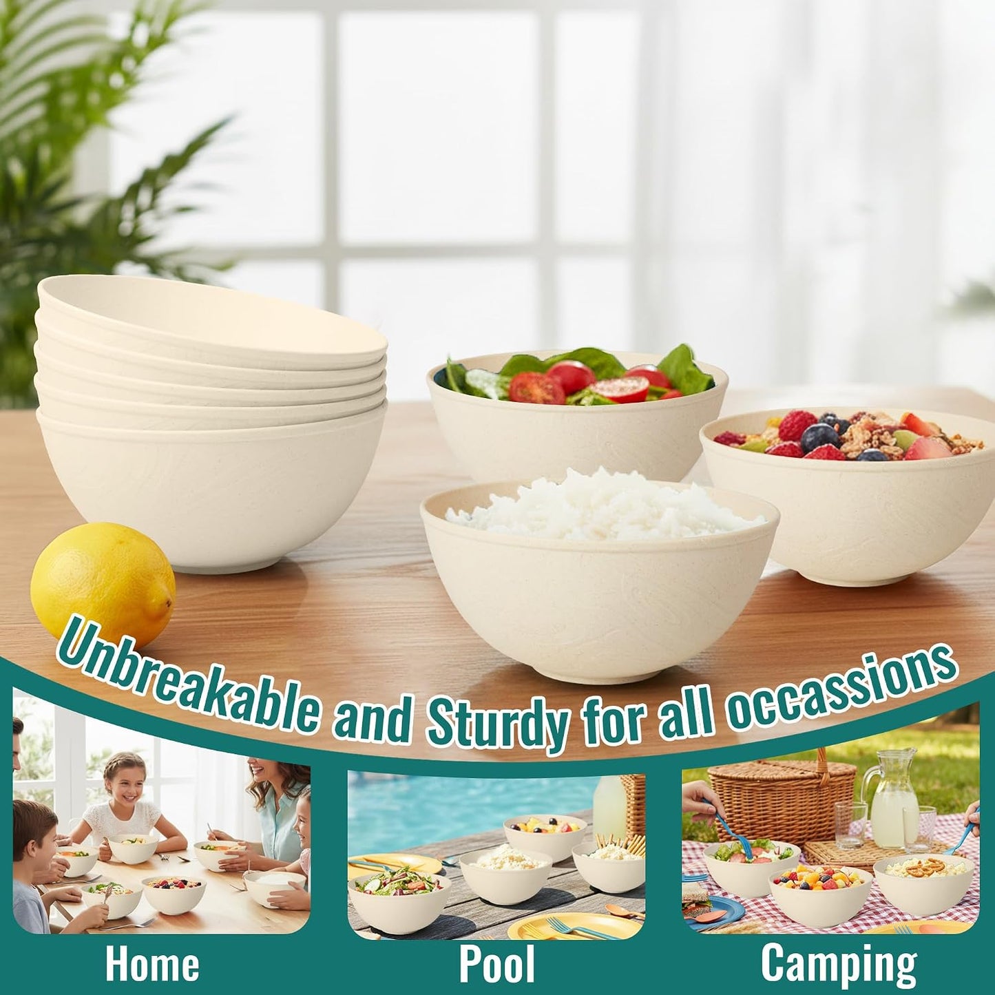 Wheat Straw Bowls 40 OZ, Unbreakable Salad Container for Lunch, Plastic Bowls with Lids, Microwavable Meal Prep Bowls for Cereal, Ramen, Soup, Leftovers - 4 Large Bowls and 4 Lids, Multi
