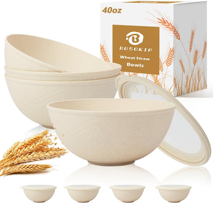 Wheat Straw Bowls 40 OZ, Unbreakable Salad Container for Lunch, Plastic Bowls with Lids, Microwavable Meal Prep Bowls for Cereal, Ramen, Soup, Leftovers - 4 Large Bowls and 4 Lids, Multi