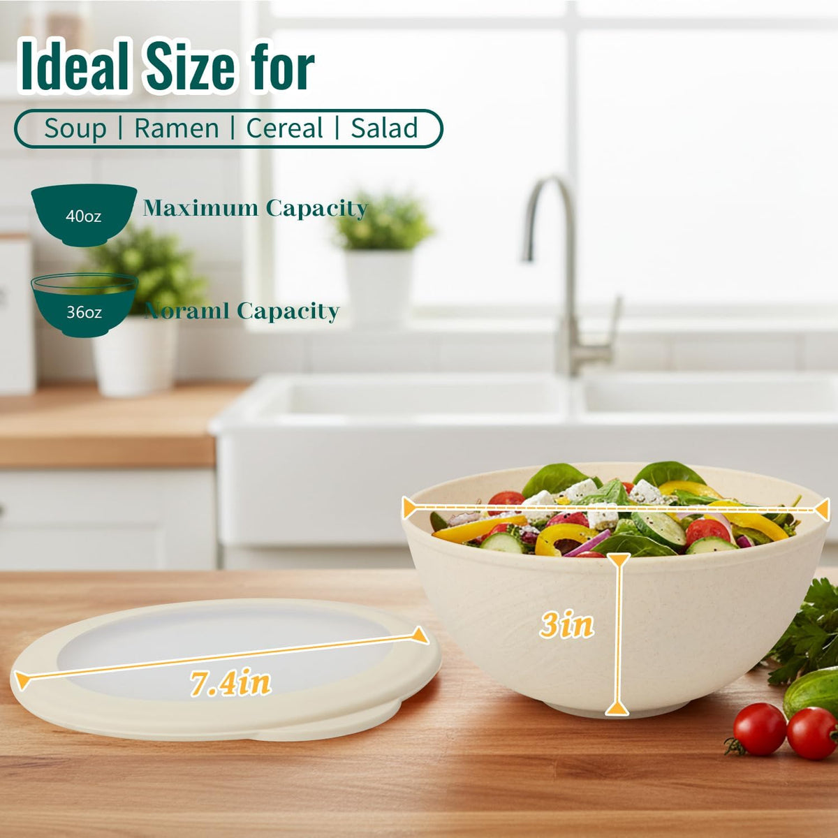Wheat Straw Bowls 40 OZ, Unbreakable Salad Container for Lunch, Plastic Bowls with Lids, Microwavable Meal Prep Bowls for Cereal, Ramen, Soup, Leftovers - 4 Large Bowls and 4 Lids, Multi