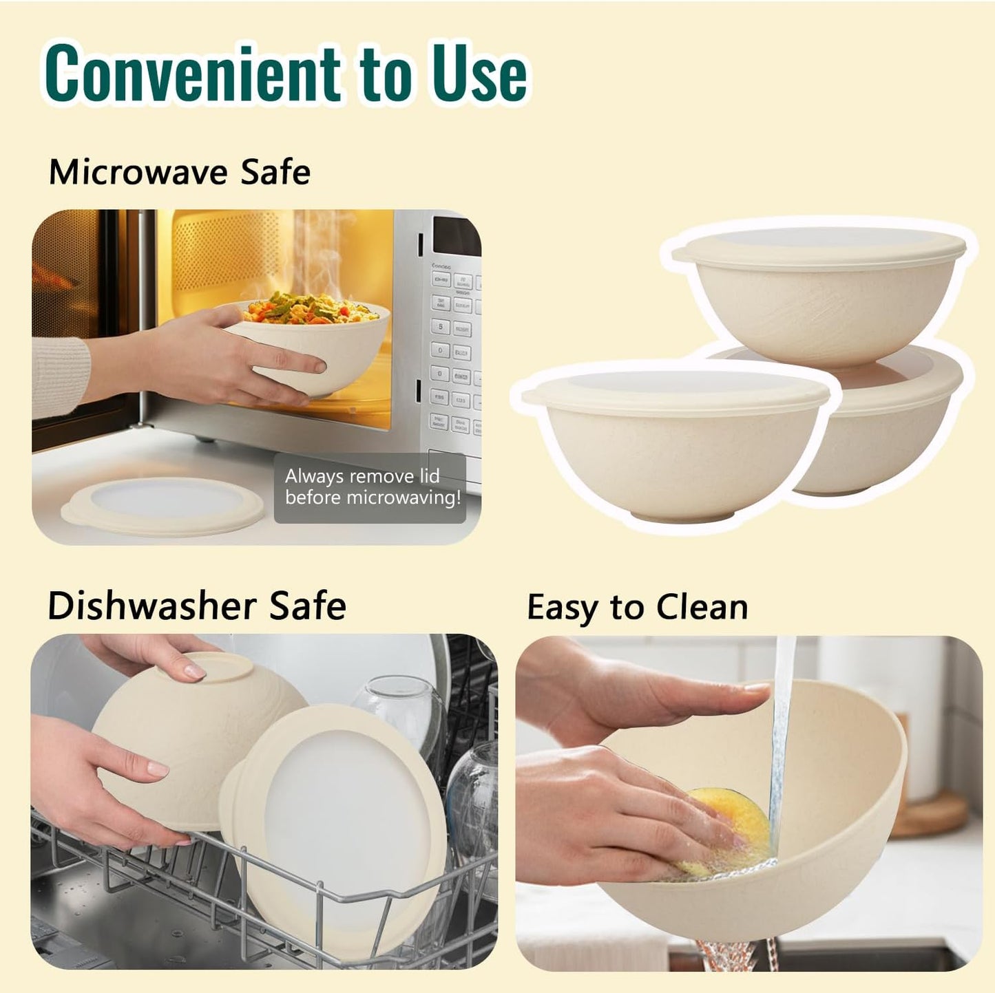Wheat Straw Bowls 40 OZ, Unbreakable Salad Container for Lunch, Plastic Bowls with Lids, Microwavable Meal Prep Bowls for Cereal, Ramen, Soup, Leftovers - 4 Large Bowls and 4 Lids, Multi