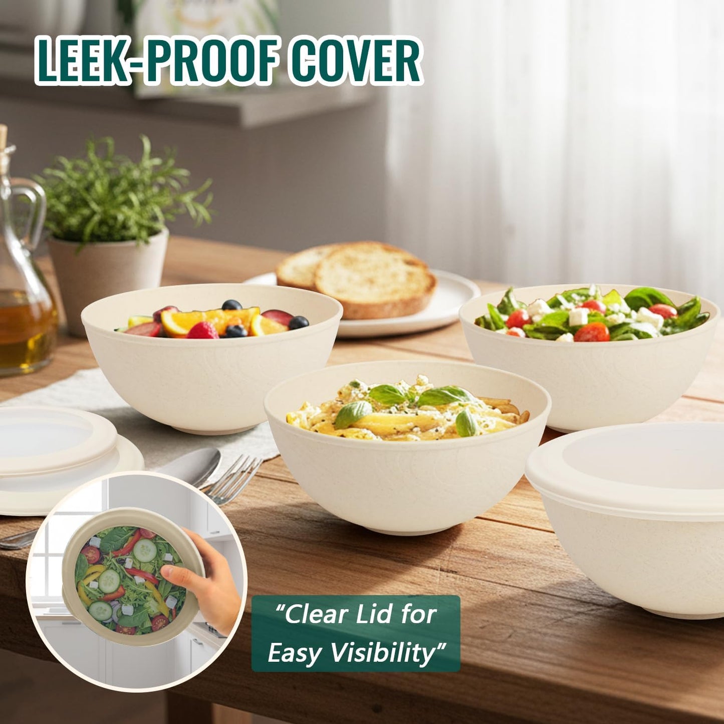Wheat Straw Bowls 40 OZ, Unbreakable Salad Container for Lunch, Plastic Bowls with Lids, Microwavable Meal Prep Bowls for Cereal, Ramen, Soup, Leftovers - 4 Large Bowls and 4 Lids, Multi