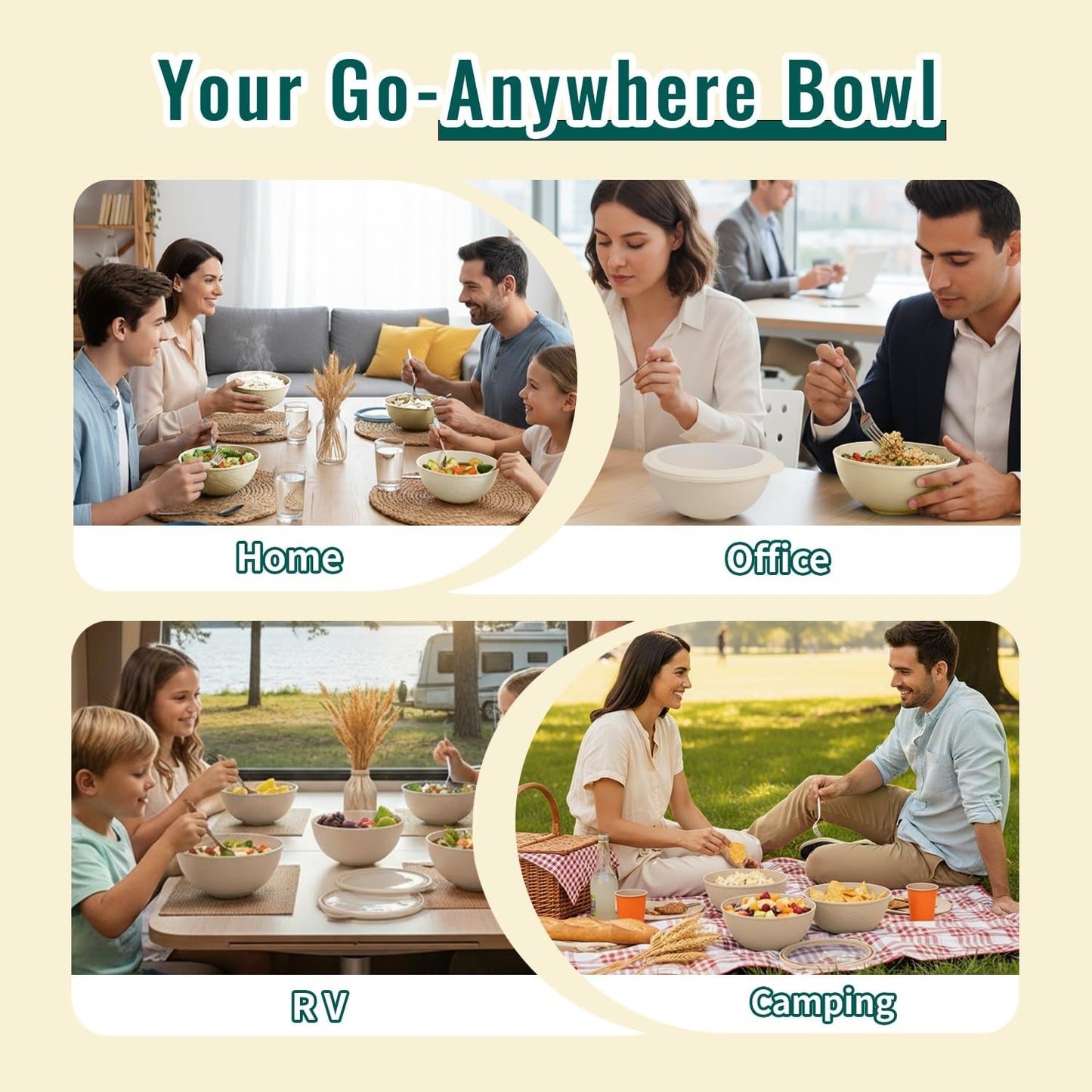 Wheat Straw Bowls 40 OZ, Unbreakable Salad Container for Lunch, Plastic Bowls with Lids, Microwavable Meal Prep Bowls for Cereal, Ramen, Soup, Leftovers - 4 Large Bowls and 4 Lids, Multi