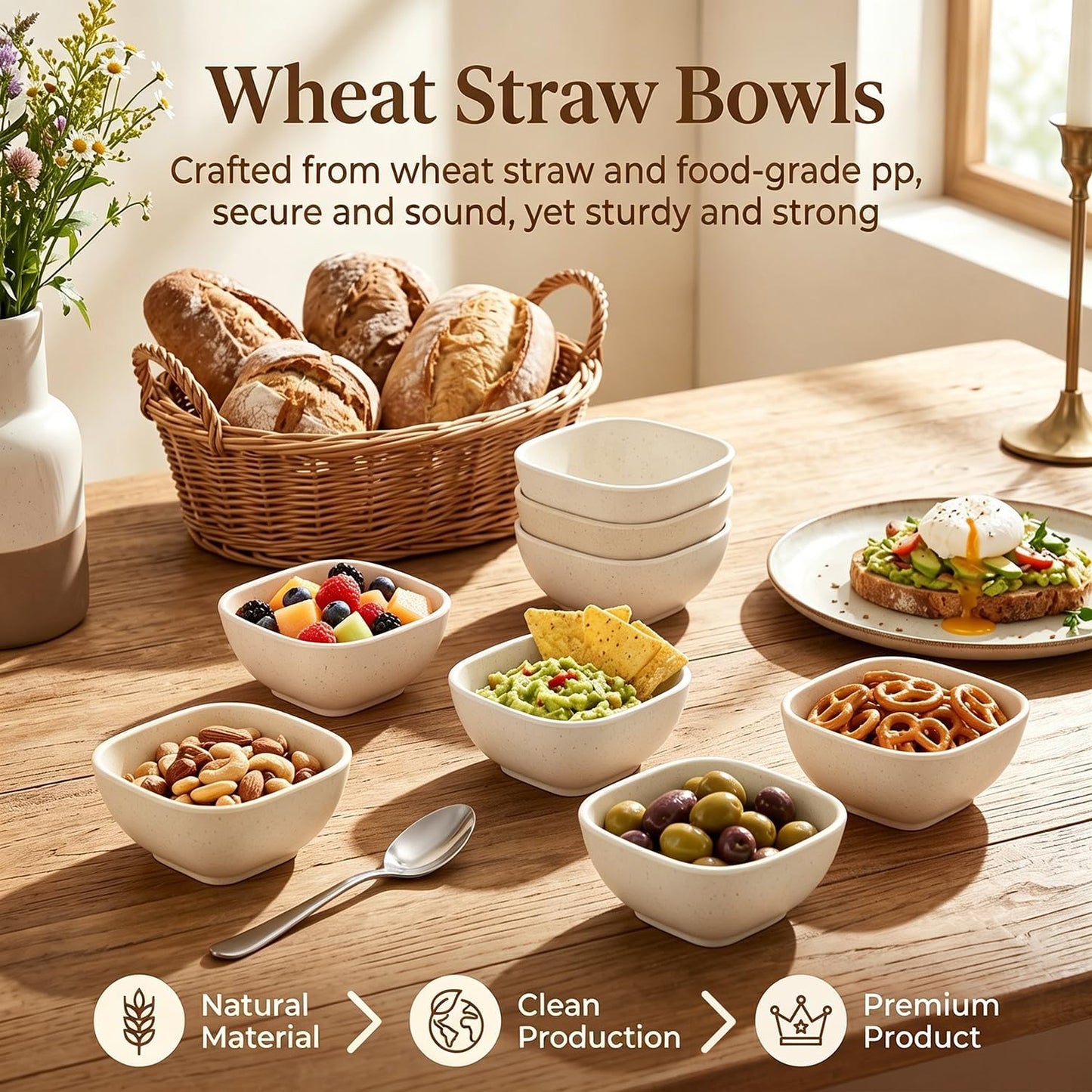 Wheat Straw Bowls 40 OZ, Unbreakable Salad Container for Lunch, Plastic Bowls with Lids, Microwavable Meal Prep Bowls for Cereal, Ramen, Soup, Leftovers - 4 Large Bowls and 4 Lids, Multi