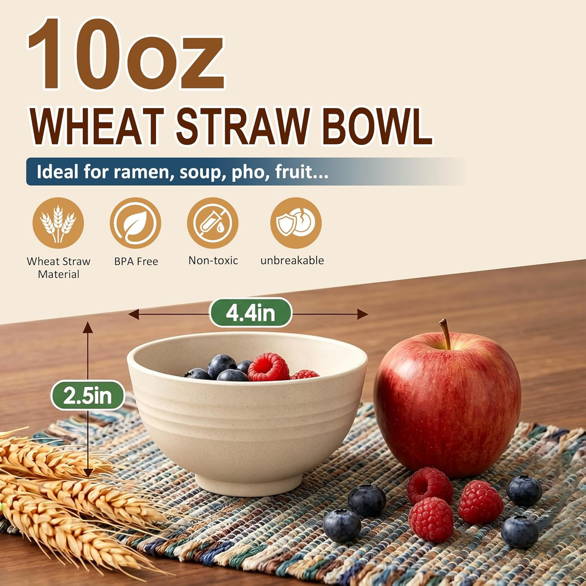 Wheat Straw Bowls 40 OZ, Unbreakable Salad Container for Lunch, Plastic Bowls with Lids, Microwavable Meal Prep Bowls for Cereal, Ramen, Soup, Leftovers - 4 Large Bowls and 4 Lids, Multi