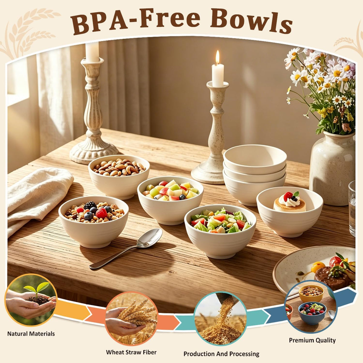Wheat Straw Bowls 40 OZ, Unbreakable Salad Container for Lunch, Plastic Bowls with Lids, Microwavable Meal Prep Bowls for Cereal, Ramen, Soup, Leftovers - 4 Large Bowls and 4 Lids, Multi