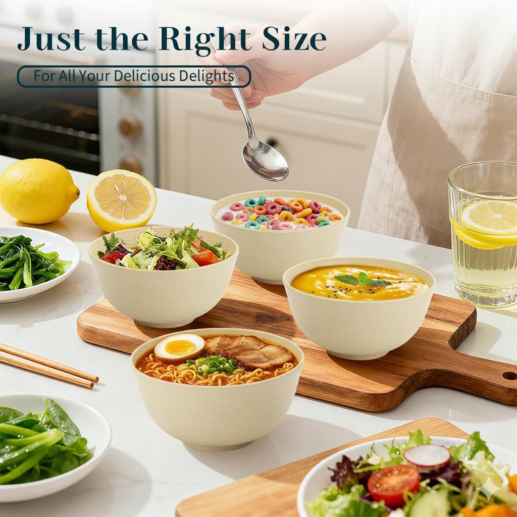 Wheat Straw Bowls 40 OZ, Unbreakable Salad Container for Lunch, Plastic Bowls with Lids, Microwavable Meal Prep Bowls for Cereal, Ramen, Soup, Leftovers - 4 Large Bowls and 4 Lids, Multi