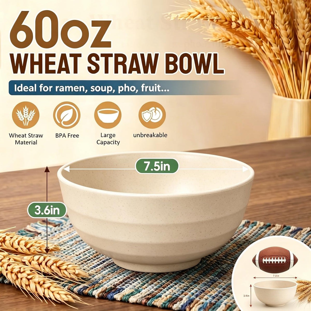 Wheat Straw Bowls 40 OZ, Unbreakable Salad Container for Lunch, Plastic Bowls with Lids, Microwavable Meal Prep Bowls for Cereal, Ramen, Soup, Leftovers - 4 Large Bowls and 4 Lids, Multi