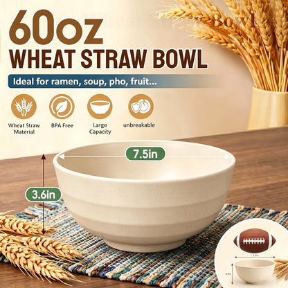 Wheat Straw Bowls 40 OZ, Unbreakable Salad Container for Lunch, Plastic Bowls with Lids, Microwavable Meal Prep Bowls for Cereal, Ramen, Soup, Leftovers - 4 Large Bowls and 4 Lids, Multi