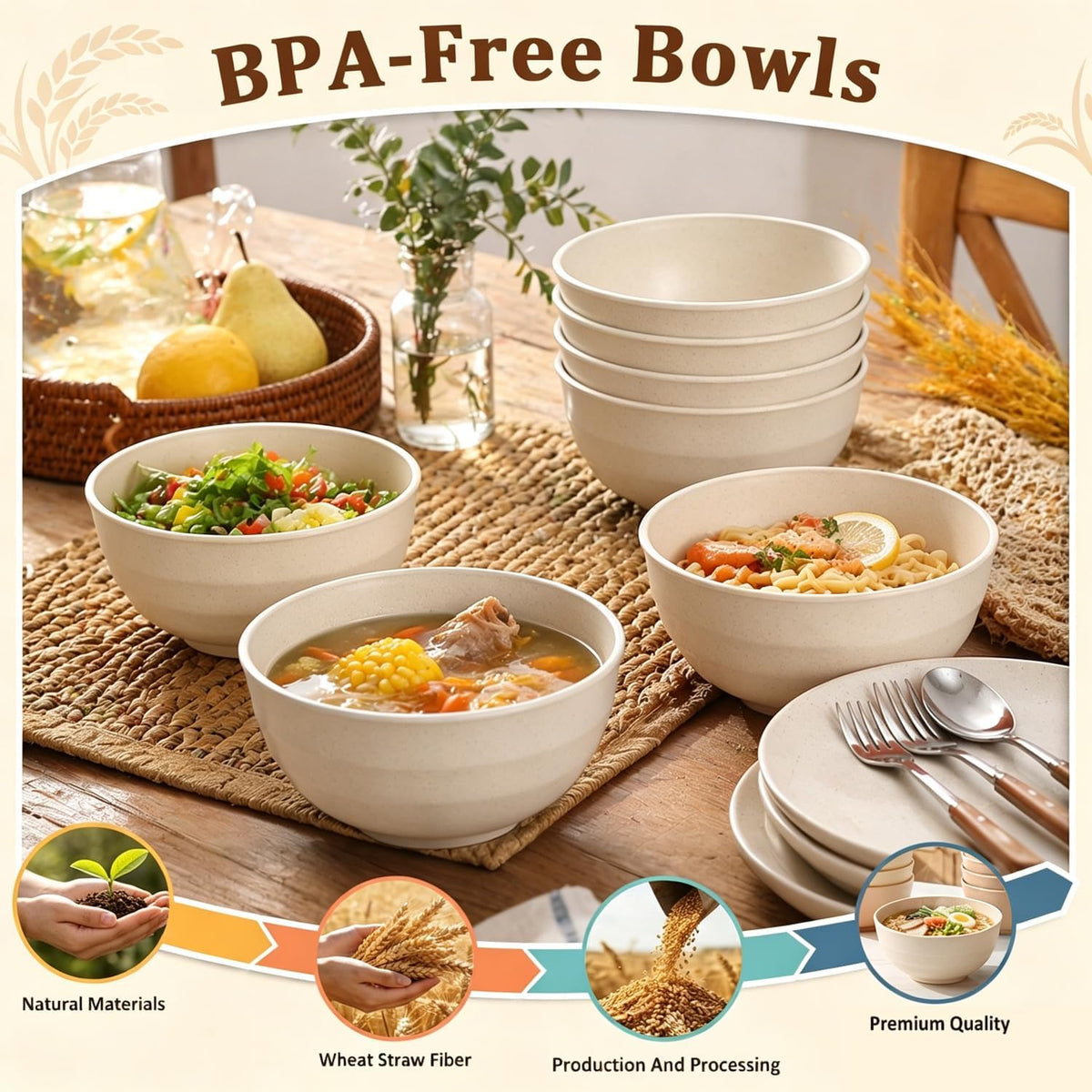 Wheat Straw Bowls 40 OZ, Unbreakable Salad Container for Lunch, Plastic Bowls with Lids, Microwavable Meal Prep Bowls for Cereal, Ramen, Soup, Leftovers - 4 Large Bowls and 4 Lids, Multi