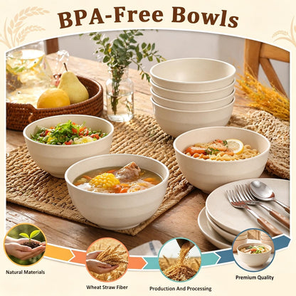 Wheat Straw Bowls 40 OZ, Unbreakable Salad Container for Lunch, Plastic Bowls with Lids, Microwavable Meal Prep Bowls for Cereal, Ramen, Soup, Leftovers - 4 Large Bowls and 4 Lids, Multi