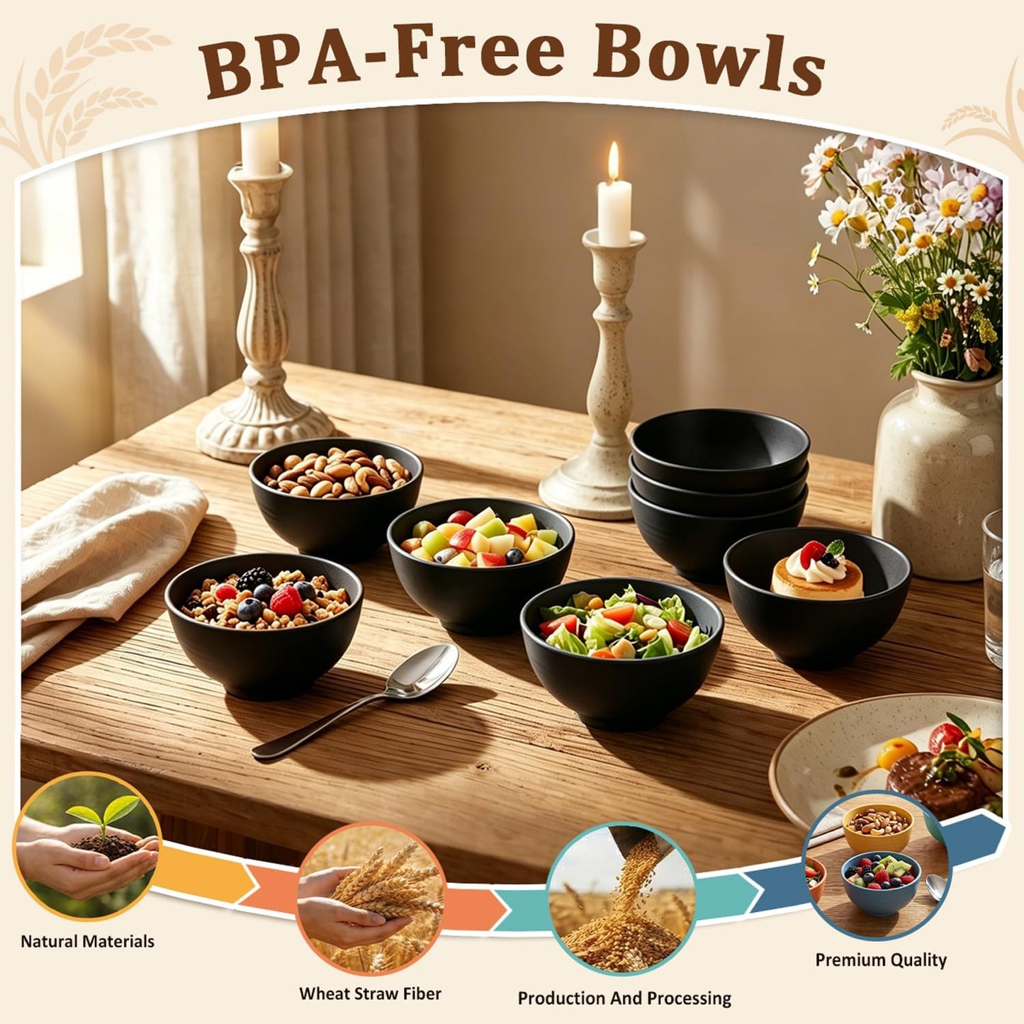 Wheat Straw Bowls 40 OZ, Unbreakable Salad Container for Lunch, Plastic Bowls with Lids, Microwavable Meal Prep Bowls for Cereal, Ramen, Soup, Leftovers - 4 Large Bowls and 4 Lids, Multi