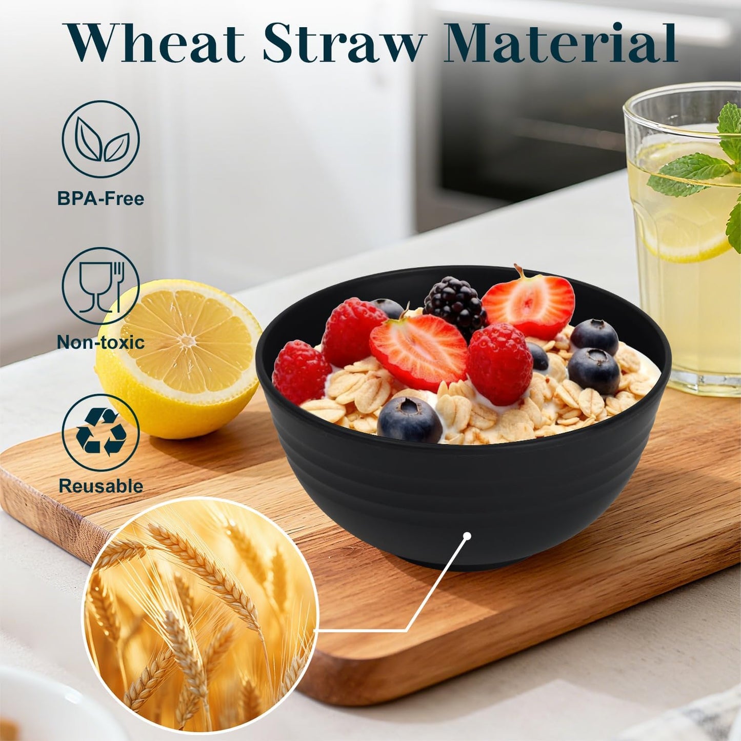 Wheat Straw Bowls 40 OZ, Unbreakable Salad Container for Lunch, Plastic Bowls with Lids, Microwavable Meal Prep Bowls for Cereal, Ramen, Soup, Leftovers - 4 Large Bowls and 4 Lids, Multi