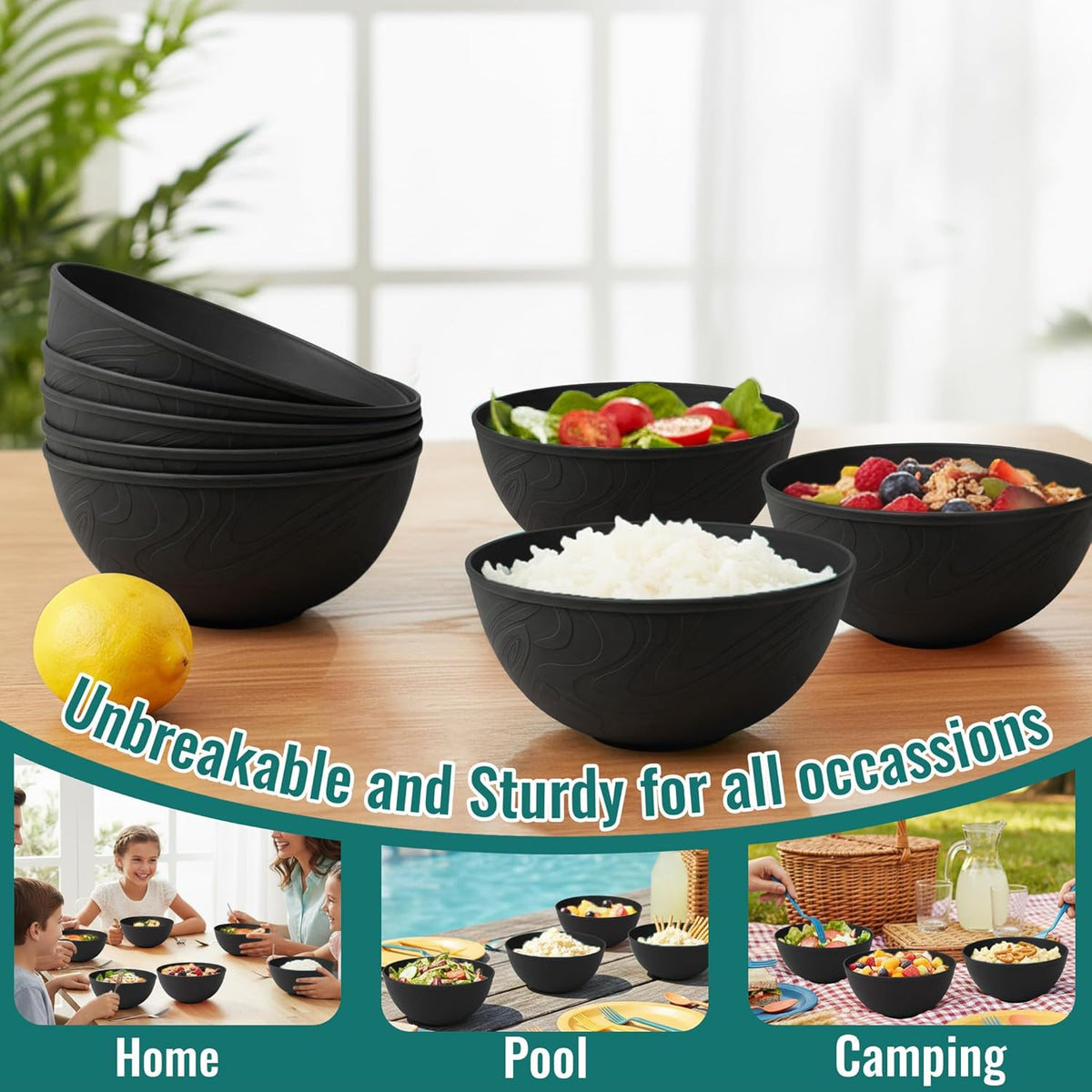 Wheat Straw Bowls 40 OZ, Unbreakable Salad Container for Lunch, Plastic Bowls with Lids, Microwavable Meal Prep Bowls for Cereal, Ramen, Soup, Leftovers - 4 Large Bowls and 4 Lids, Multi