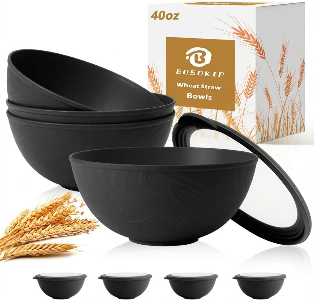 Wheat Straw Bowls 40 OZ, Unbreakable Salad Container for Lunch, Plastic Bowls with Lids, Microwavable Meal Prep Bowls for Cereal, Ramen, Soup, Leftovers - 4 Large Bowls and 4 Lids, Multi