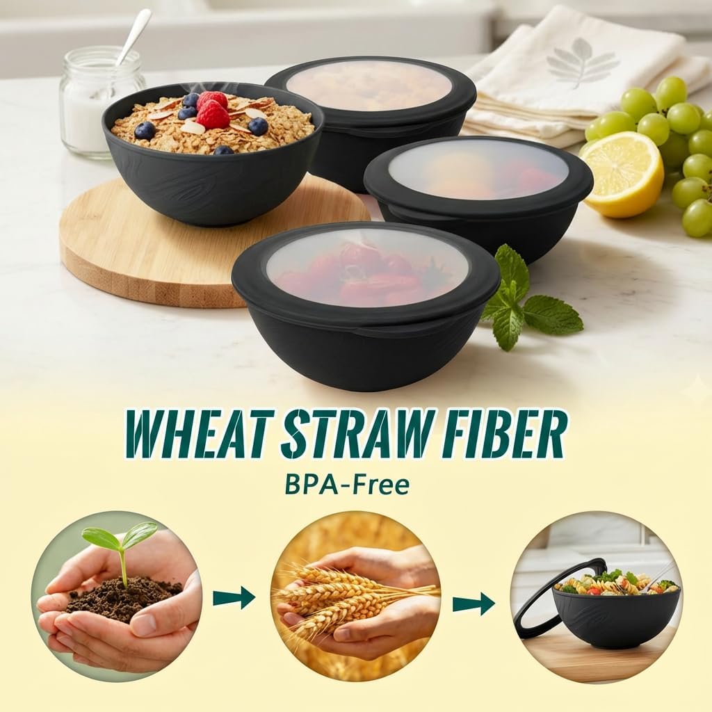 Wheat Straw Bowls 40 OZ, Unbreakable Salad Container for Lunch, Plastic Bowls with Lids, Microwavable Meal Prep Bowls for Cereal, Ramen, Soup, Leftovers - 4 Large Bowls and 4 Lids, Multi