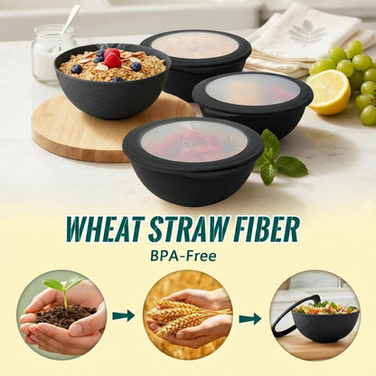 Wheat Straw Bowls 40 OZ, Unbreakable Salad Container for Lunch, Plastic Bowls with Lids, Microwavable Meal Prep Bowls for Cereal, Ramen, Soup, Leftovers - 4 Large Bowls and 4 Lids, Multi