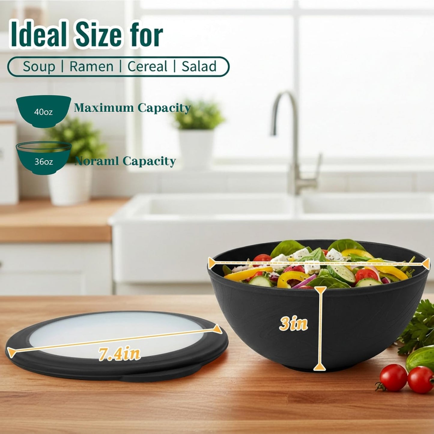 Wheat Straw Bowls 40 OZ, Unbreakable Salad Container for Lunch, Plastic Bowls with Lids, Microwavable Meal Prep Bowls for Cereal, Ramen, Soup, Leftovers - 4 Large Bowls and 4 Lids, Multi