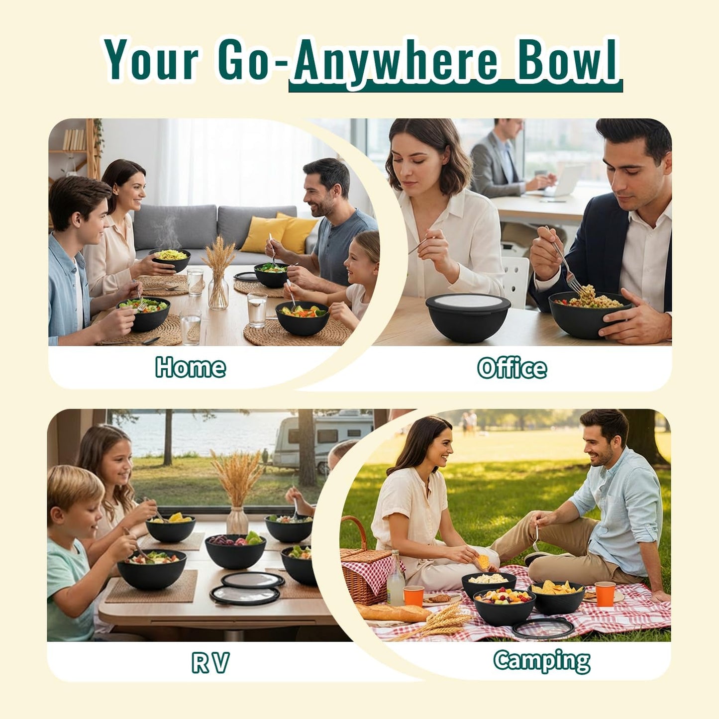 Wheat Straw Bowls 40 OZ, Unbreakable Salad Container for Lunch, Plastic Bowls with Lids, Microwavable Meal Prep Bowls for Cereal, Ramen, Soup, Leftovers - 4 Large Bowls and 4 Lids, Multi
