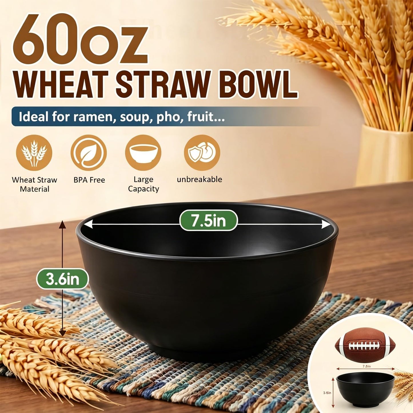 Wheat Straw Bowls 40 OZ, Unbreakable Salad Container for Lunch, Plastic Bowls with Lids, Microwavable Meal Prep Bowls for Cereal, Ramen, Soup, Leftovers - 4 Large Bowls and 4 Lids, Multi