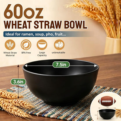Wheat Straw Bowls 40 OZ, Unbreakable Salad Container for Lunch, Plastic Bowls with Lids, Microwavable Meal Prep Bowls for Cereal, Ramen, Soup, Leftovers - 4 Large Bowls and 4 Lids, Multi