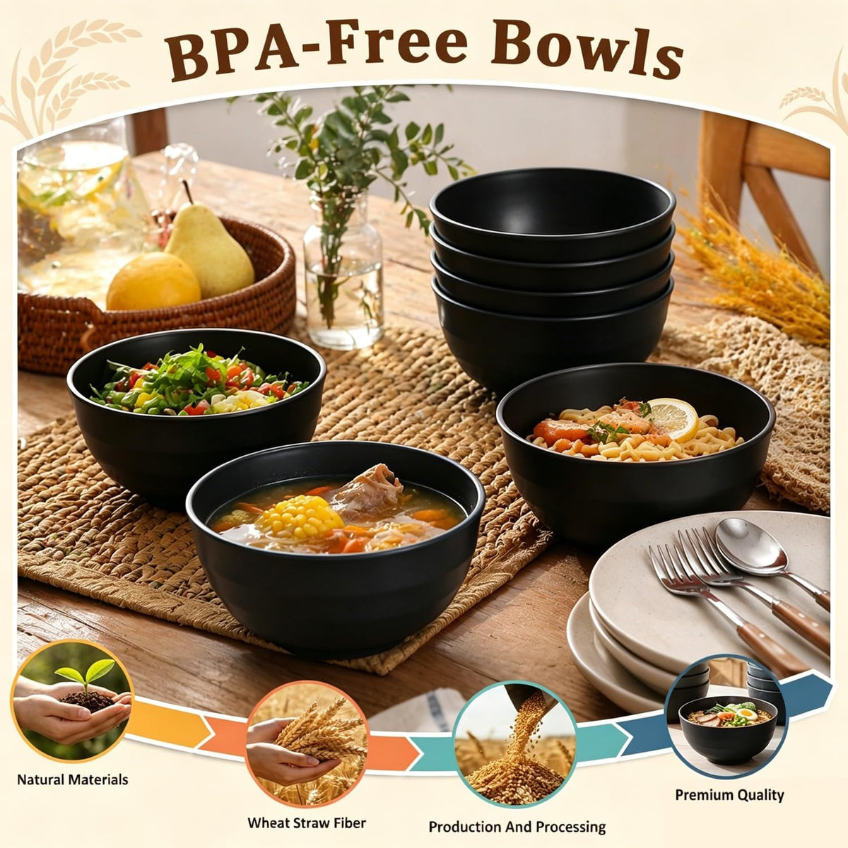 Wheat Straw Bowls 40 OZ, Unbreakable Salad Container for Lunch, Plastic Bowls with Lids, Microwavable Meal Prep Bowls for Cereal, Ramen, Soup, Leftovers - 4 Large Bowls and 4 Lids, Multi