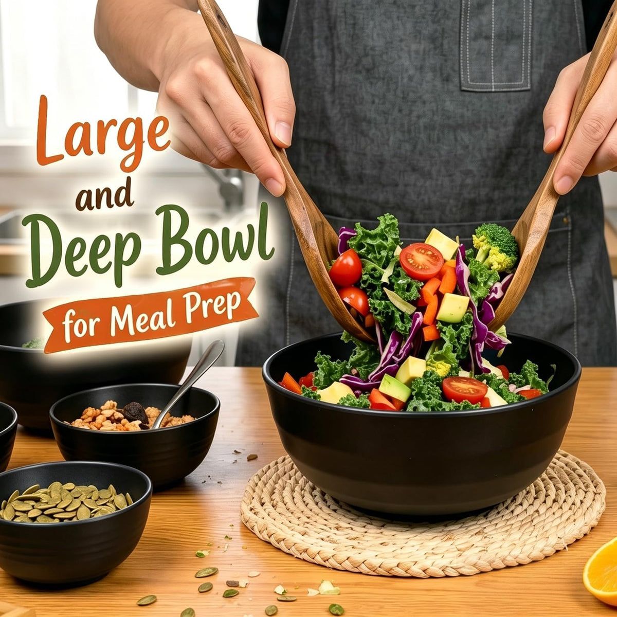 Wheat Straw Bowls 40 OZ, Unbreakable Salad Container for Lunch, Plastic Bowls with Lids, Microwavable Meal Prep Bowls for Cereal, Ramen, Soup, Leftovers - 4 Large Bowls and 4 Lids, Multi