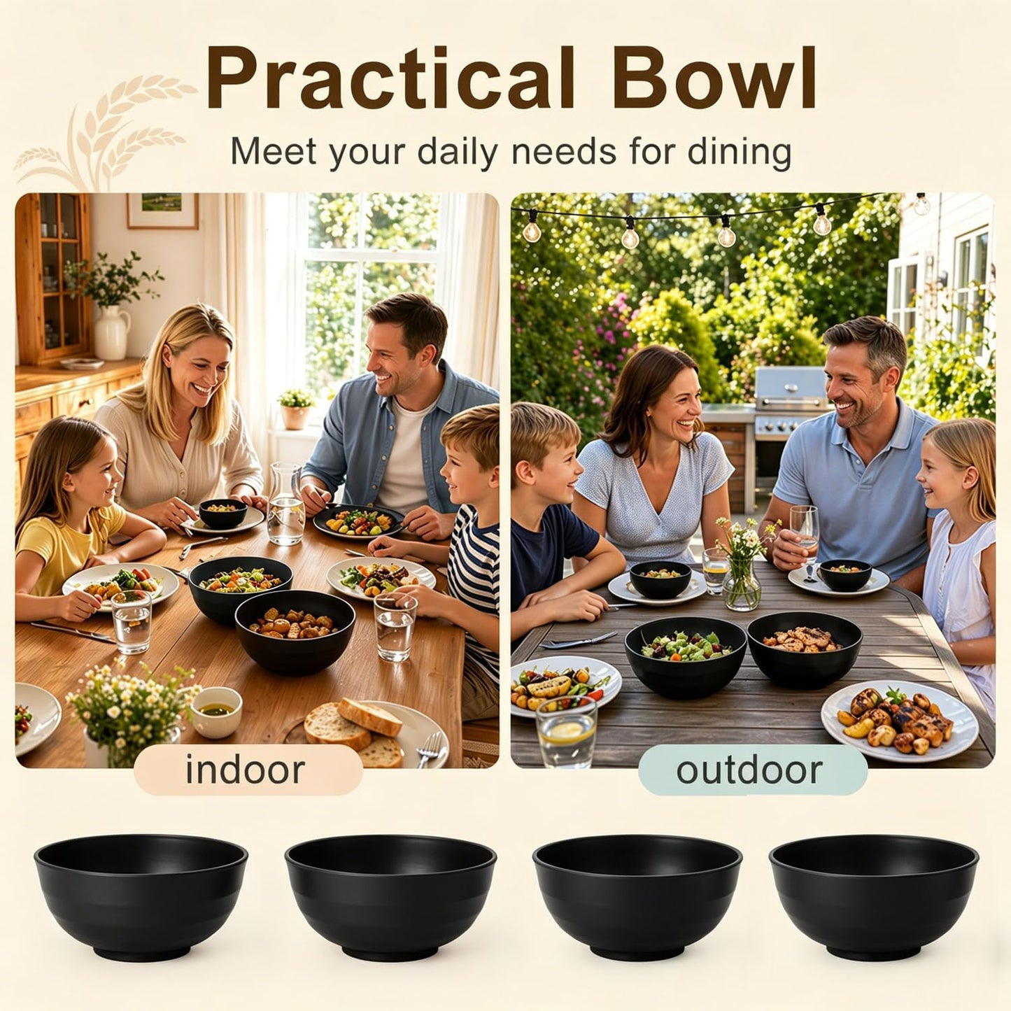 Wheat Straw Bowls 40 OZ, Unbreakable Salad Container for Lunch, Plastic Bowls with Lids, Microwavable Meal Prep Bowls for Cereal, Ramen, Soup, Leftovers - 4 Large Bowls and 4 Lids, Multi