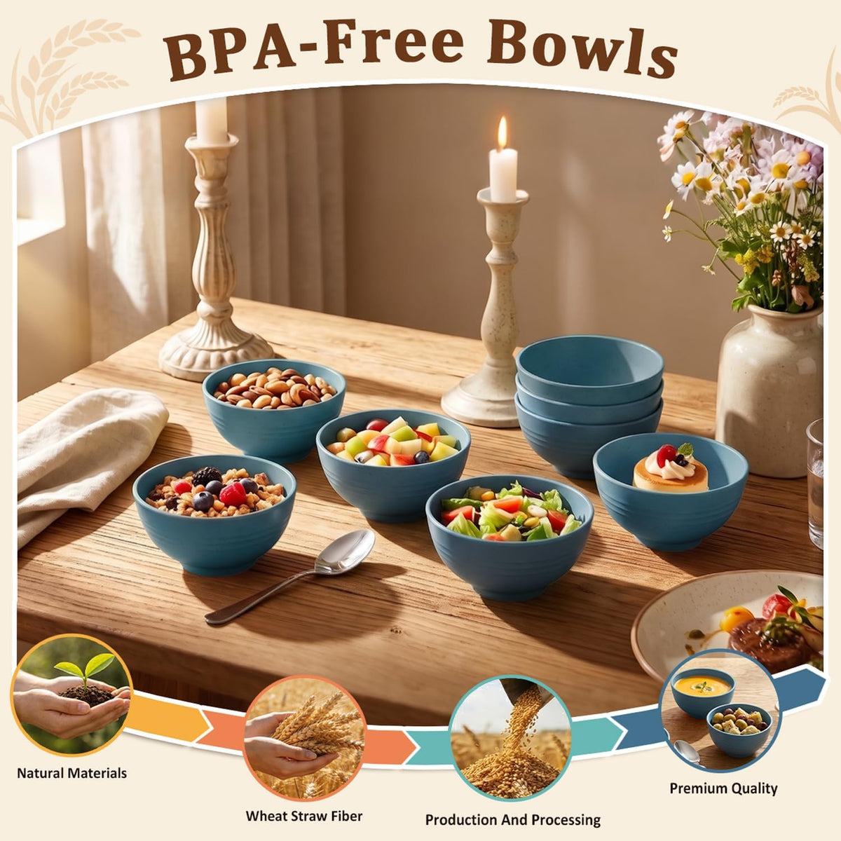 Wheat Straw Bowls 40 OZ, Unbreakable Salad Container for Lunch, Plastic Bowls with Lids, Microwavable Meal Prep Bowls for Cereal, Ramen, Soup, Leftovers - 4 Large Bowls and 4 Lids, Multi