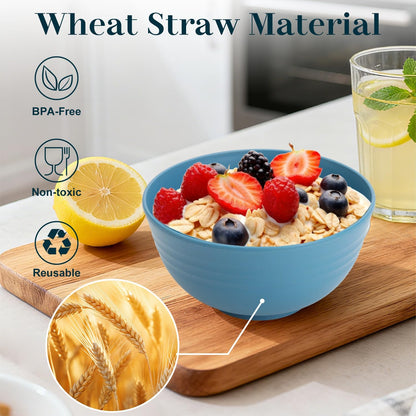 Wheat Straw Bowls 40 OZ, Unbreakable Salad Container for Lunch, Plastic Bowls with Lids, Microwavable Meal Prep Bowls for Cereal, Ramen, Soup, Leftovers - 4 Large Bowls and 4 Lids, Multi