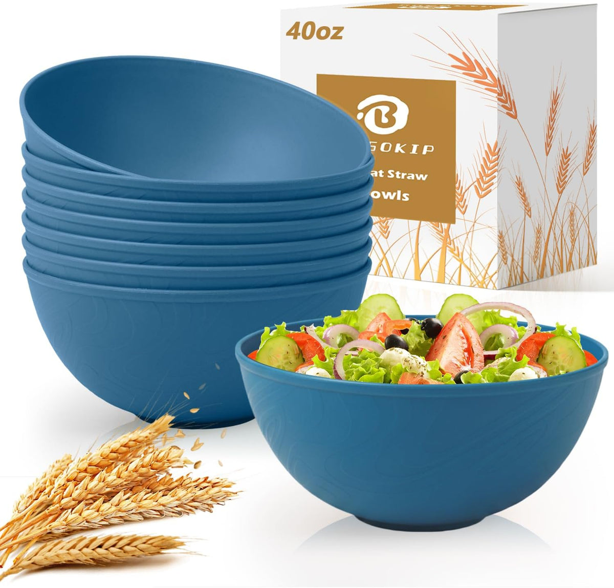 Wheat Straw Bowls 40 OZ, Unbreakable Salad Container for Lunch, Plastic Bowls with Lids, Microwavable Meal Prep Bowls for Cereal, Ramen, Soup, Leftovers - 4 Large Bowls and 4 Lids, Multi