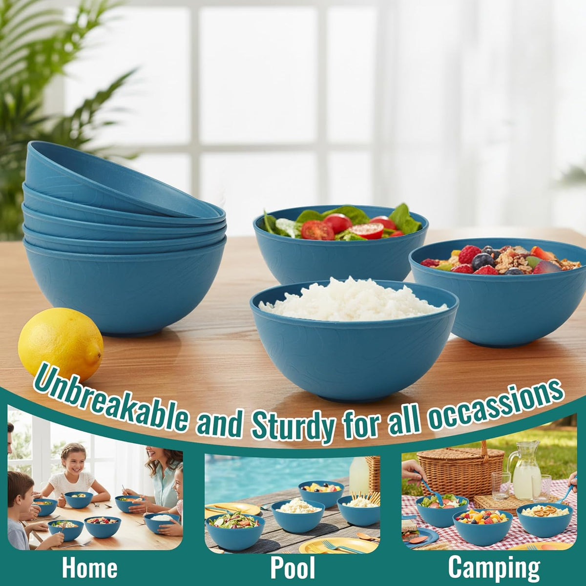 Wheat Straw Bowls 40 OZ, Unbreakable Salad Container for Lunch, Plastic Bowls with Lids, Microwavable Meal Prep Bowls for Cereal, Ramen, Soup, Leftovers - 4 Large Bowls and 4 Lids, Multi