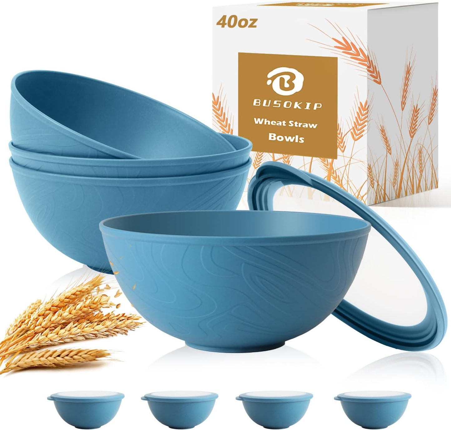 Wheat Straw Bowls 40 OZ, Unbreakable Salad Container for Lunch, Plastic Bowls with Lids, Microwavable Meal Prep Bowls for Cereal, Ramen, Soup, Leftovers - 4 Large Bowls and 4 Lids, Multi