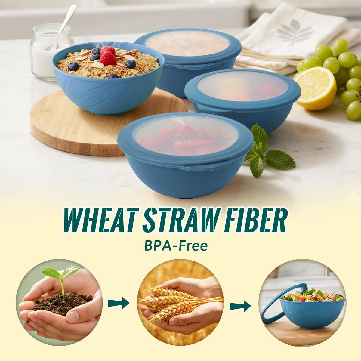 Wheat Straw Bowls 40 OZ, Unbreakable Salad Container for Lunch, Plastic Bowls with Lids, Microwavable Meal Prep Bowls for Cereal, Ramen, Soup, Leftovers - 4 Large Bowls and 4 Lids, Multi