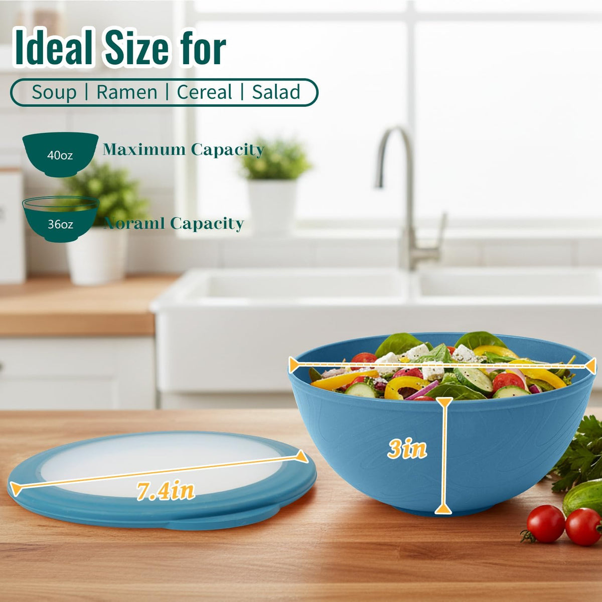 Wheat Straw Bowls 40 OZ, Unbreakable Salad Container for Lunch, Plastic Bowls with Lids, Microwavable Meal Prep Bowls for Cereal, Ramen, Soup, Leftovers - 4 Large Bowls and 4 Lids, Multi