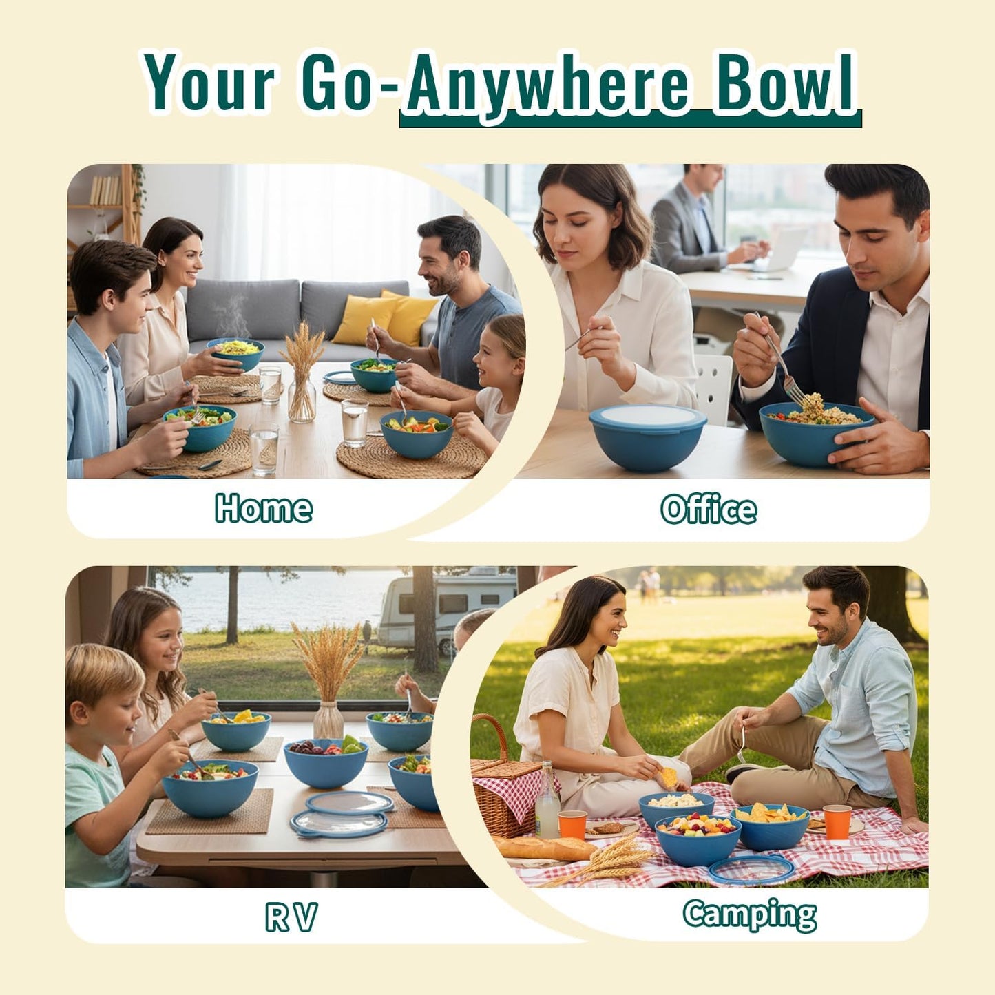 Wheat Straw Bowls 40 OZ, Unbreakable Salad Container for Lunch, Plastic Bowls with Lids, Microwavable Meal Prep Bowls for Cereal, Ramen, Soup, Leftovers - 4 Large Bowls and 4 Lids, Multi