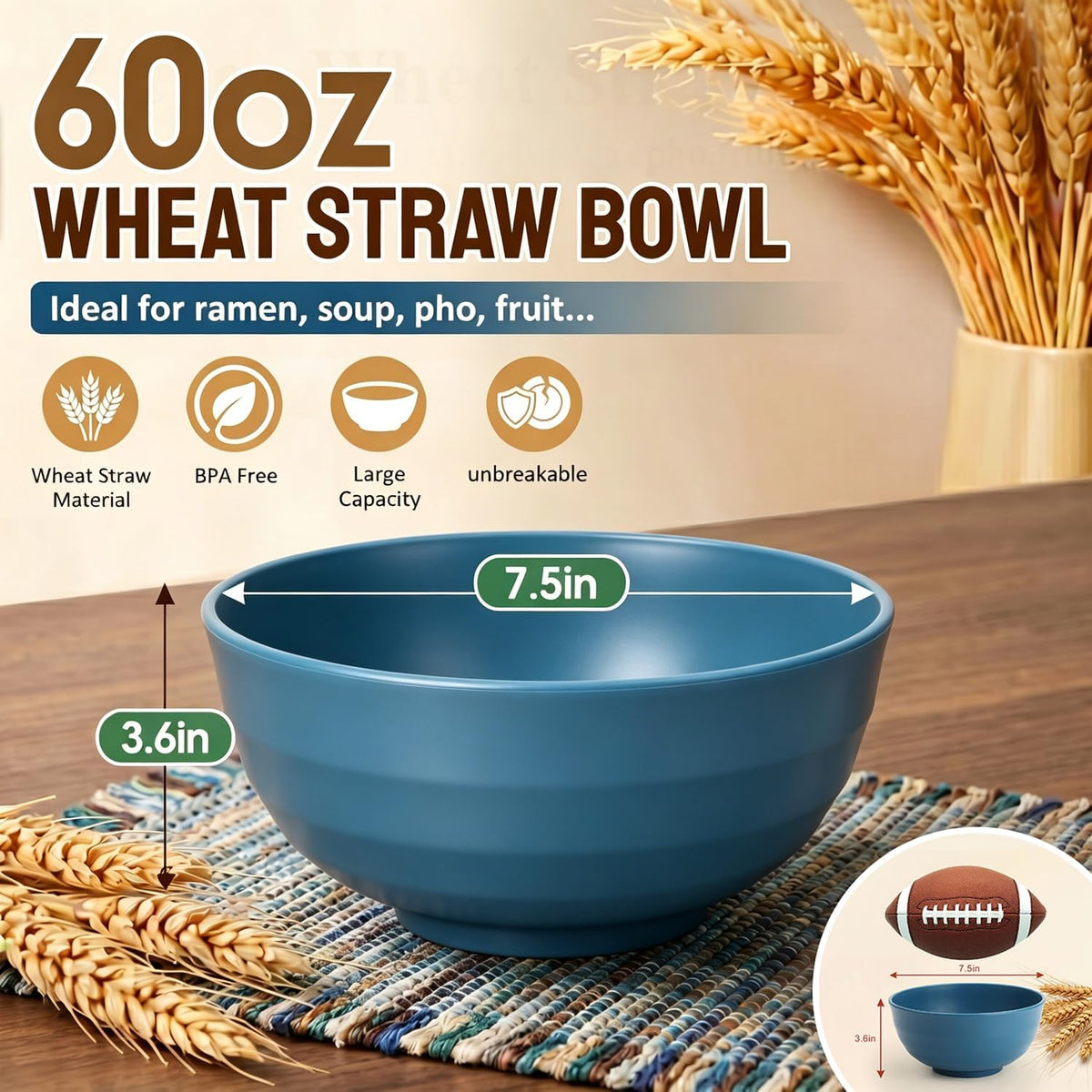 Wheat Straw Bowls 40 OZ, Unbreakable Salad Container for Lunch, Plastic Bowls with Lids, Microwavable Meal Prep Bowls for Cereal, Ramen, Soup, Leftovers - 4 Large Bowls and 4 Lids, Multi
