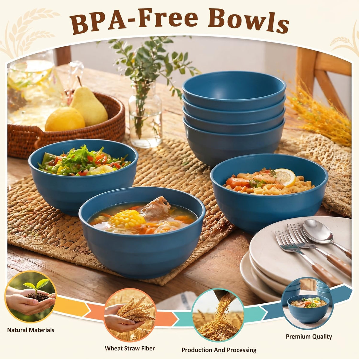 Wheat Straw Bowls 40 OZ, Unbreakable Salad Container for Lunch, Plastic Bowls with Lids, Microwavable Meal Prep Bowls for Cereal, Ramen, Soup, Leftovers - 4 Large Bowls and 4 Lids, Multi
