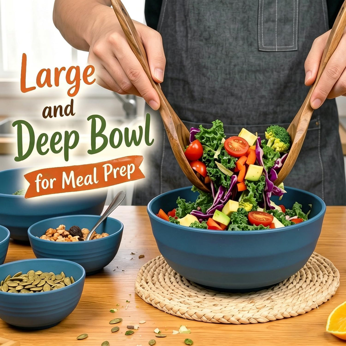 Wheat Straw Bowls 40 OZ, Unbreakable Salad Container for Lunch, Plastic Bowls with Lids, Microwavable Meal Prep Bowls for Cereal, Ramen, Soup, Leftovers - 4 Large Bowls and 4 Lids, Multi
