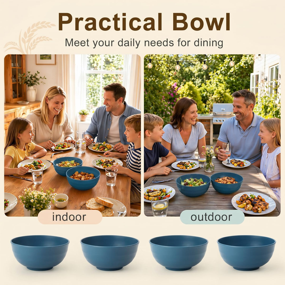 Wheat Straw Bowls 40 OZ, Unbreakable Salad Container for Lunch, Plastic Bowls with Lids, Microwavable Meal Prep Bowls for Cereal, Ramen, Soup, Leftovers - 4 Large Bowls and 4 Lids, Multi