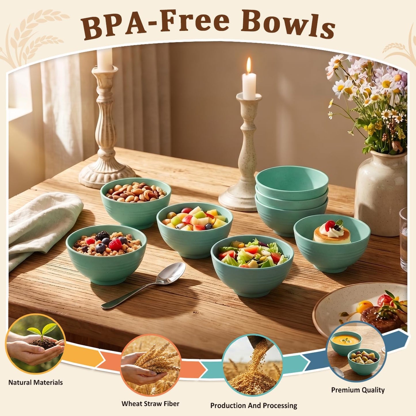 Wheat Straw Bowls 40 OZ, Unbreakable Salad Container for Lunch, Plastic Bowls with Lids, Microwavable Meal Prep Bowls for Cereal, Ramen, Soup, Leftovers - 4 Large Bowls and 4 Lids, Multi
