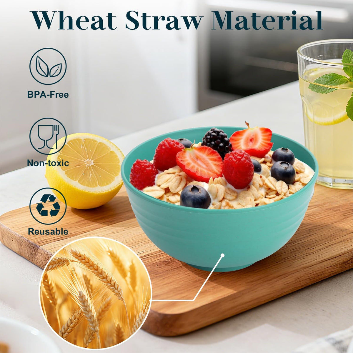 Wheat Straw Bowls 40 OZ, Unbreakable Salad Container for Lunch, Plastic Bowls with Lids, Microwavable Meal Prep Bowls for Cereal, Ramen, Soup, Leftovers - 4 Large Bowls and 4 Lids, Multi