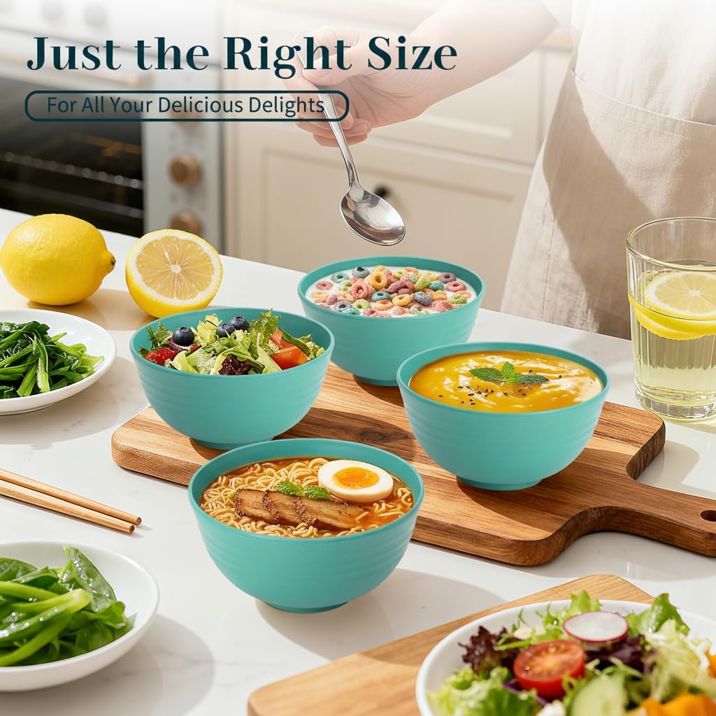 Wheat Straw Bowls 40 OZ, Unbreakable Salad Container for Lunch, Plastic Bowls with Lids, Microwavable Meal Prep Bowls for Cereal, Ramen, Soup, Leftovers - 4 Large Bowls and 4 Lids, Multi