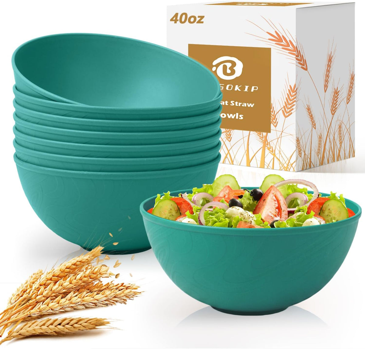 Wheat Straw Bowls 40 OZ, Unbreakable Salad Container for Lunch, Plastic Bowls with Lids, Microwavable Meal Prep Bowls for Cereal, Ramen, Soup, Leftovers - 4 Large Bowls and 4 Lids, Multi