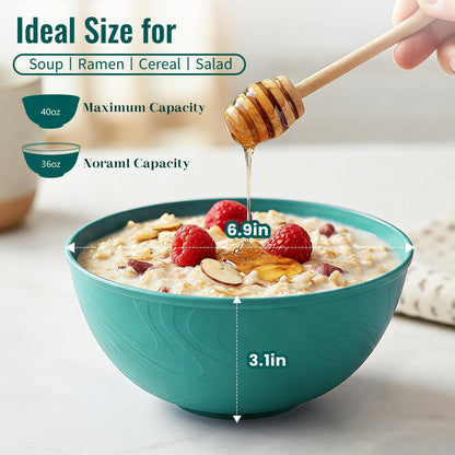 Wheat Straw Bowls 40 OZ, Unbreakable Salad Container for Lunch, Plastic Bowls with Lids, Microwavable Meal Prep Bowls for Cereal, Ramen, Soup, Leftovers - 4 Large Bowls and 4 Lids, Multi