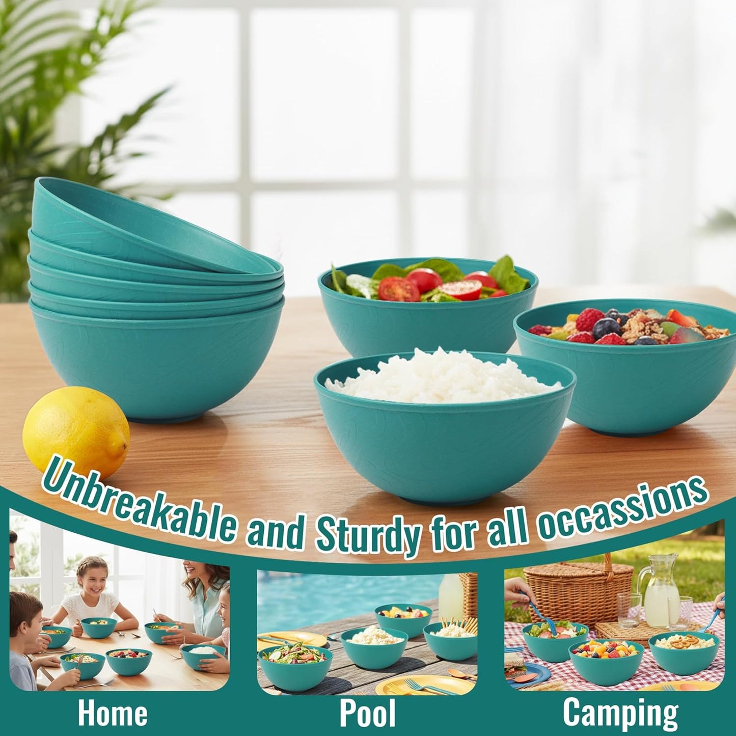 Wheat Straw Bowls 40 OZ, Unbreakable Salad Container for Lunch, Plastic Bowls with Lids, Microwavable Meal Prep Bowls for Cereal, Ramen, Soup, Leftovers - 4 Large Bowls and 4 Lids, Multi