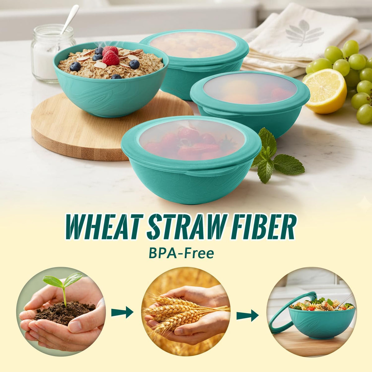 Wheat Straw Bowls 40 OZ, Unbreakable Salad Container for Lunch, Plastic Bowls with Lids, Microwavable Meal Prep Bowls for Cereal, Ramen, Soup, Leftovers - 4 Large Bowls and 4 Lids, Multi