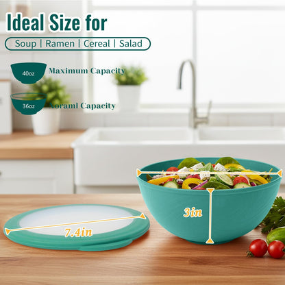 Wheat Straw Bowls 40 OZ, Unbreakable Salad Container for Lunch, Plastic Bowls with Lids, Microwavable Meal Prep Bowls for Cereal, Ramen, Soup, Leftovers - 4 Large Bowls and 4 Lids, Multi