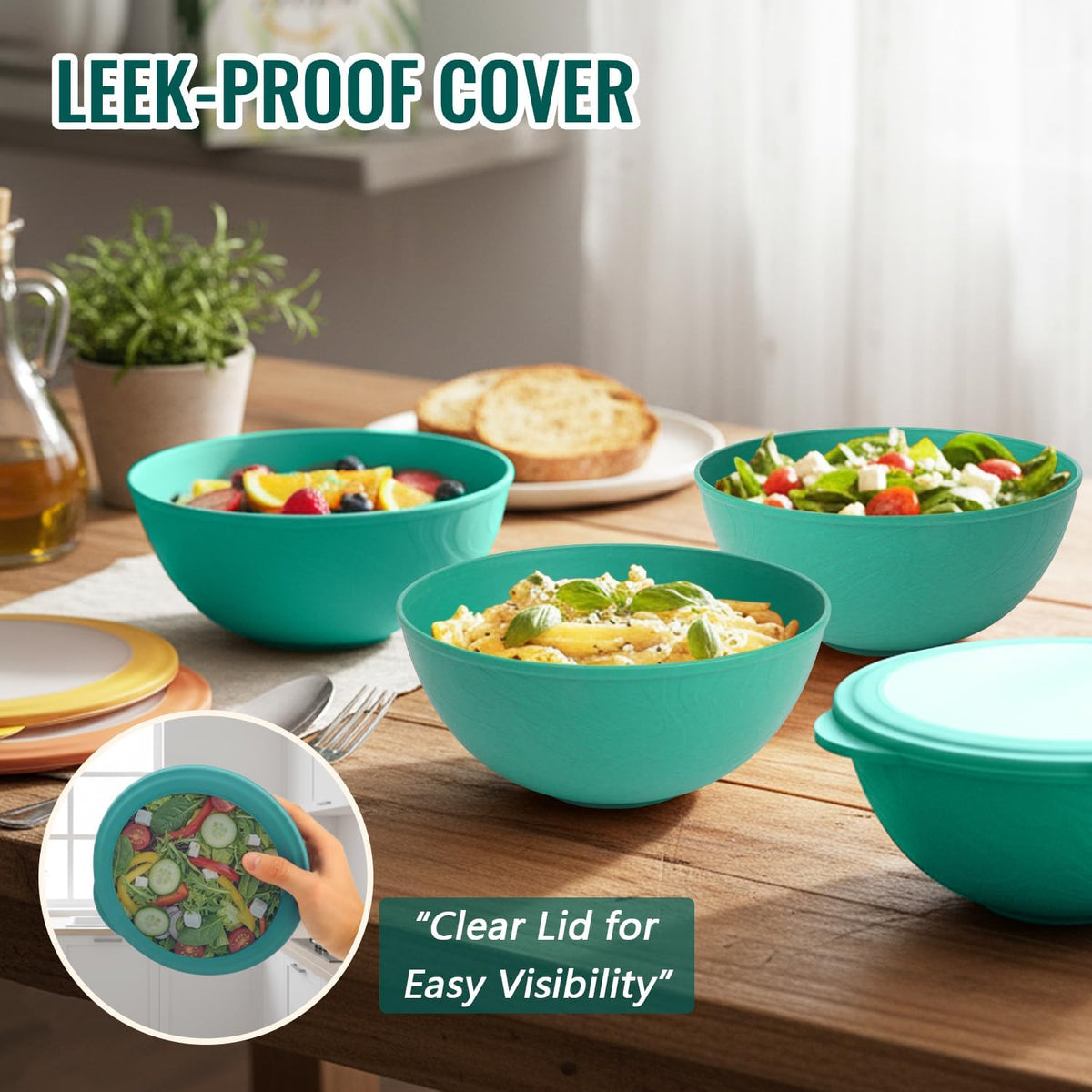 Wheat Straw Bowls 40 OZ, Unbreakable Salad Container for Lunch, Plastic Bowls with Lids, Microwavable Meal Prep Bowls for Cereal, Ramen, Soup, Leftovers - 4 Large Bowls and 4 Lids, Multi